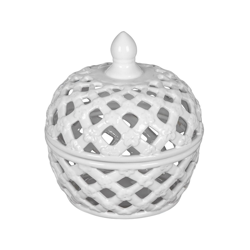 Ceramic Lidded Jar With Lattice Design – White