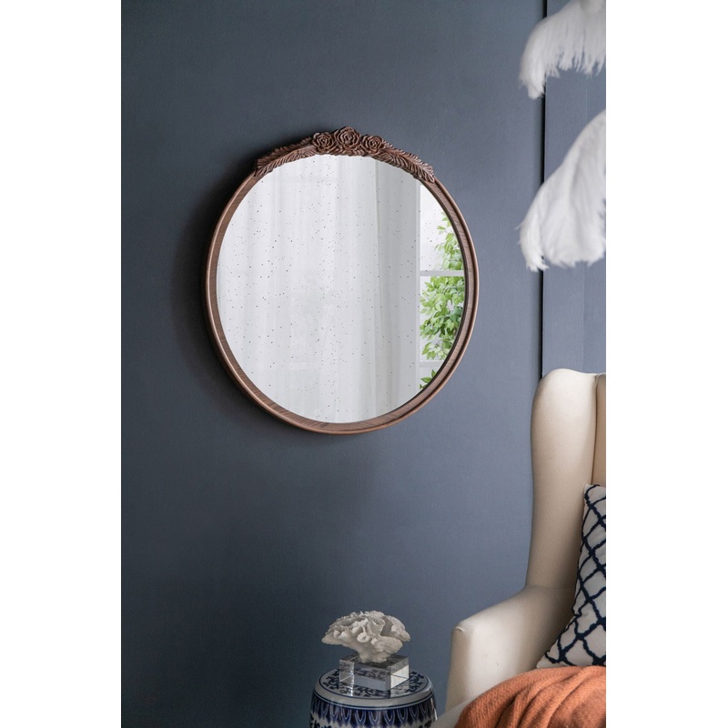 Round Hand Carved Rose Antique Mirror Frame, Wall Mirror For Live Space