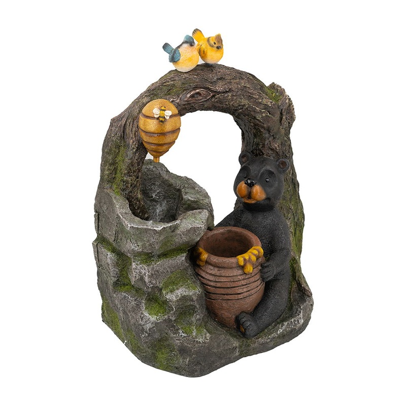 Decorative Two Tiered Water Fountain With Woodland Animal Design, Outdoor Fountain With Light And Pump – Dark Gray