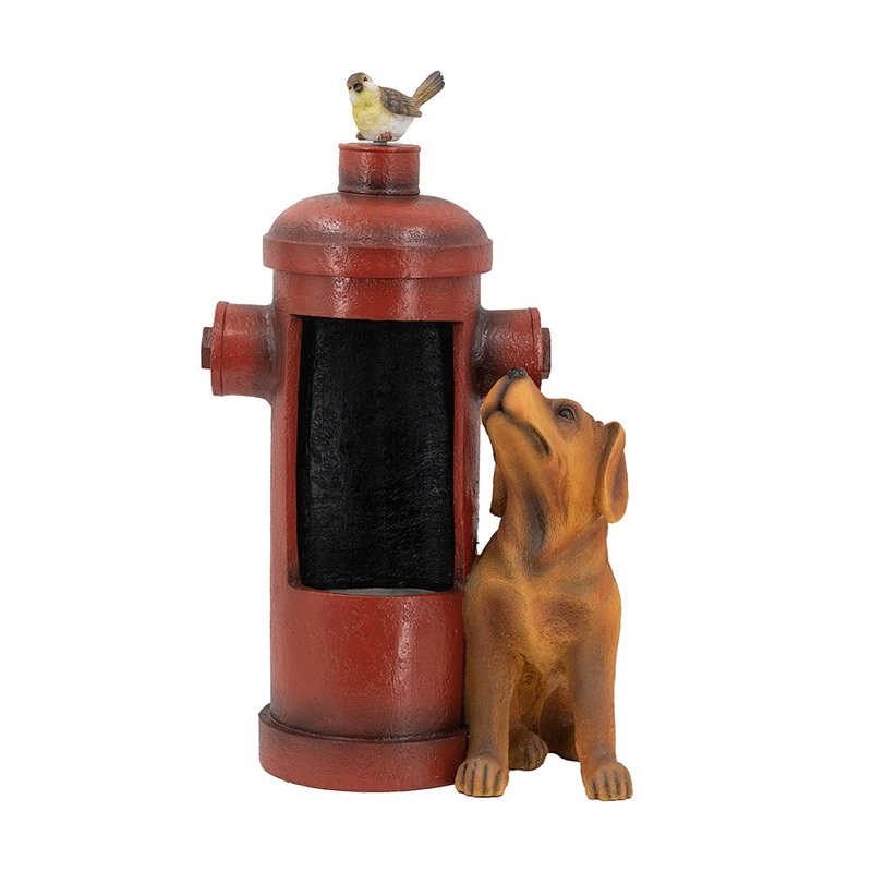 Red Fire Hydrant Water Fountain With Dog And Bird Accents, Outdoor Fountian With Light And Pump – Red / Light Brown