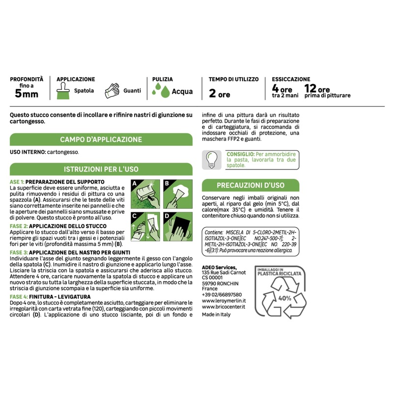 STUCCO PER CARTONGESSO IN PASTA PER INTERNO AXTON 1,5 KG