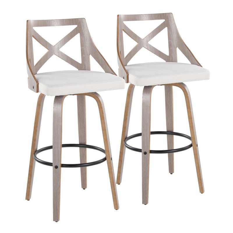 Charlotte – Farmhouse Fixed Height Barstool With Swivel & Round Footrest (Set of 2) – Light Gray / Cream