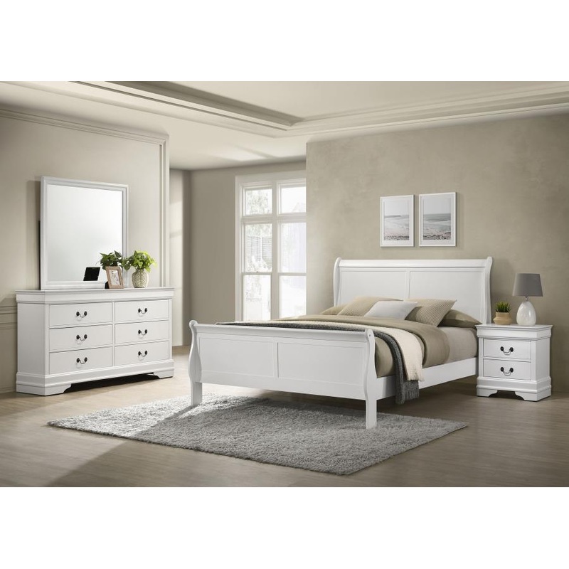 Louis Philippe – Bedroom Set|White|5 Pc. Bed, Dresser, Mirror, Chest, Nightstand|4 Pc. Bed, Dresser, Mirror, Nightstand|Twin|Full|King|Queen