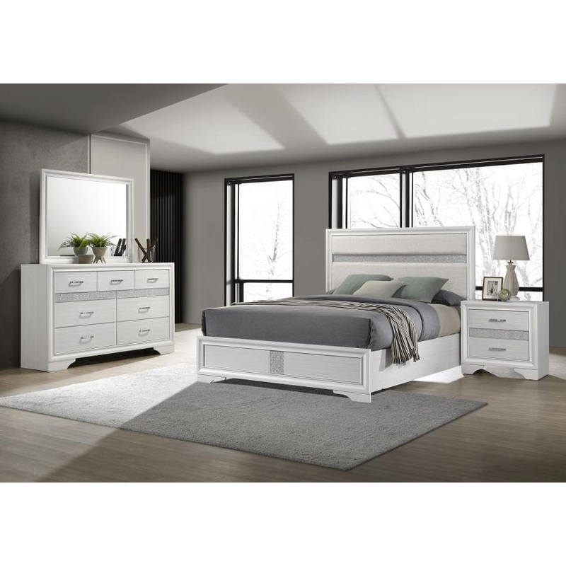 Miranda – Panel Bedroom Set|White|5 Pc. Bed, Dresser, Mirror, Chest, Nightstand|4 Pc. Bed, Dresser, Mirror, Nightstand|Twin|Queen|King|Full|California King