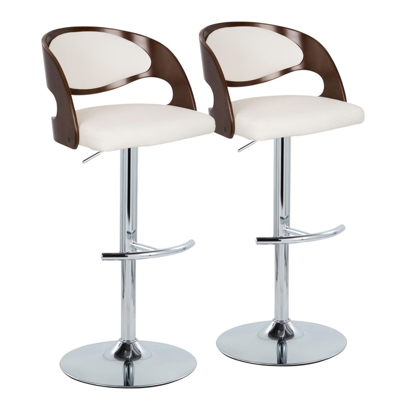 Pino – Mid-Century Modern Adjustable Barstool With Swivel With Rounded T Footrest (Set of 2) – Chrome / Cherry / White