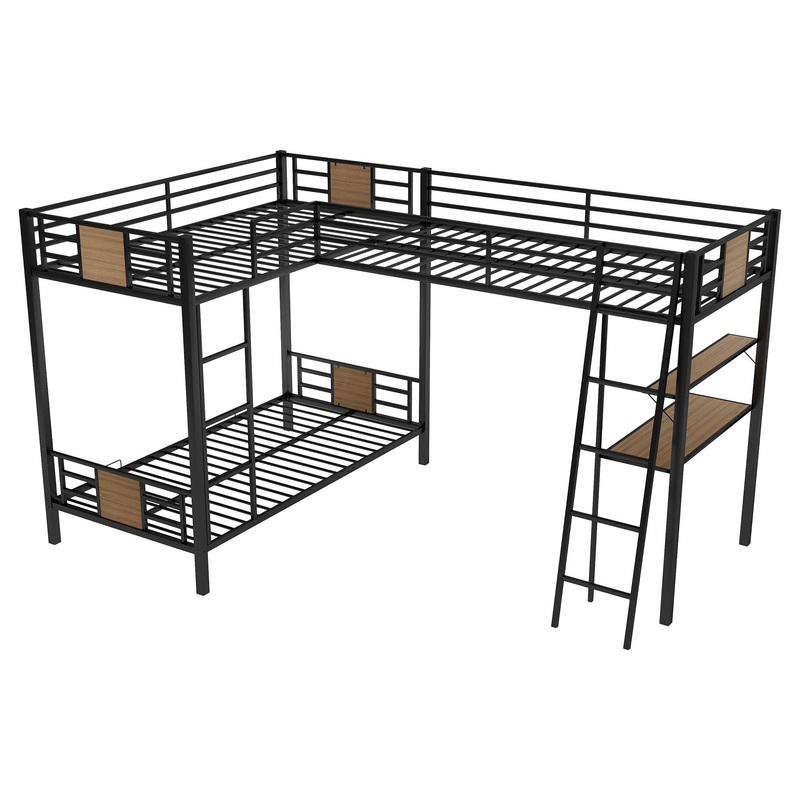 L-Shaped Twin Over Twin Bunk Bed With Twin Size Loft Bed With Desk And Shelf – Brown