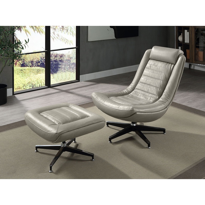 Piran – Twilight Top Grain Leather Accent Chair And Ottoman With Swivel – Gray