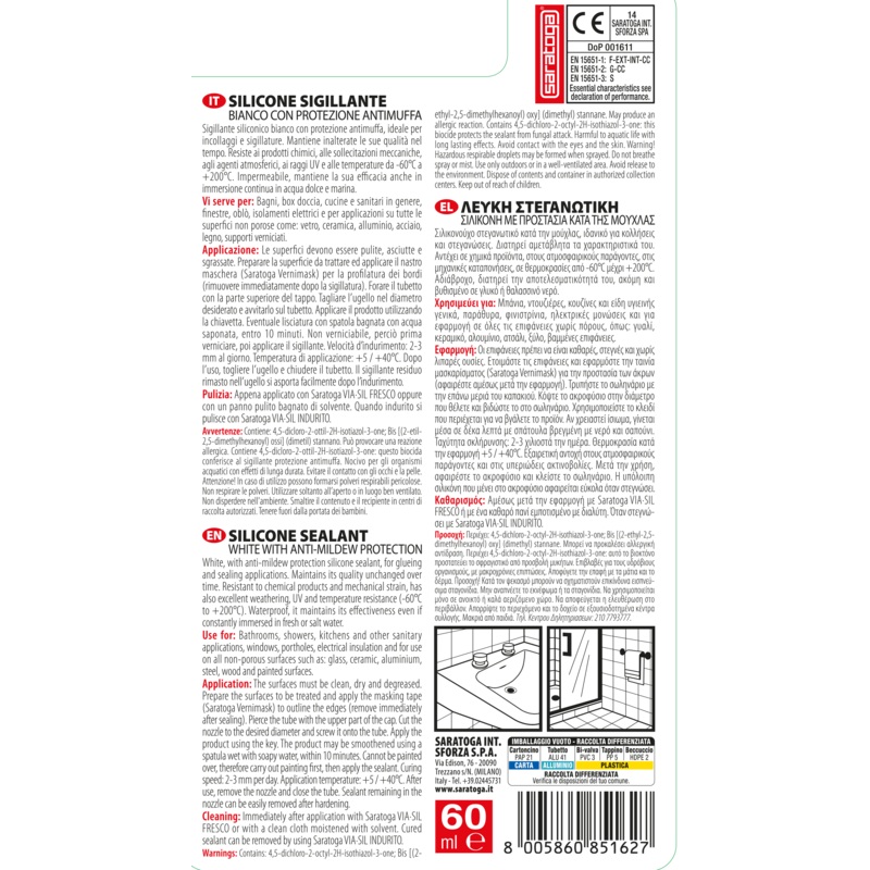 SILICONE ACETICO BAGNI E CUCINE ANTIMUFFA BIANCO SARATOGA 60 ML