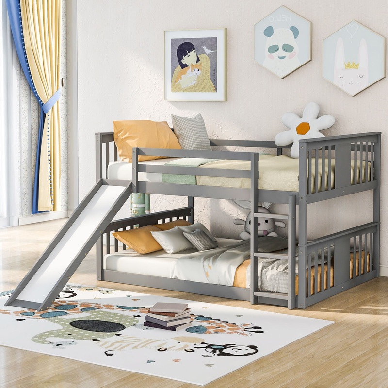 Full Over Full Bunk Bed With Ladder With Slide – Gray