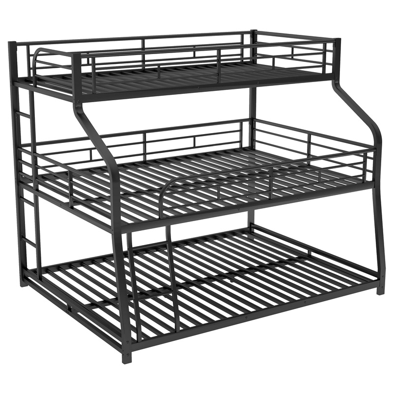 Twin Long / Full Long / Queen Triple Bunk Bed With Long And Short Ladder And Full-Length Guardrails – Black
