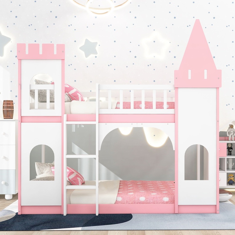 Twin Over Twin Castle Bunk Bed With Ladder – Pink