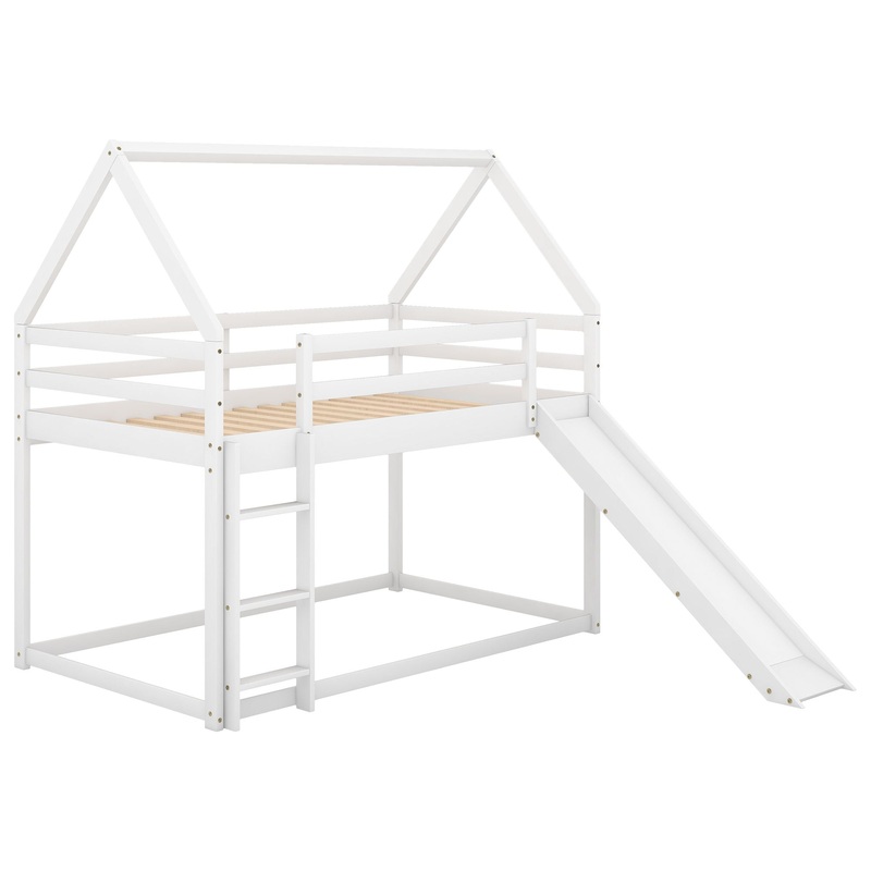 Twin Size Bunk House Bed With Slide And Ladder – White