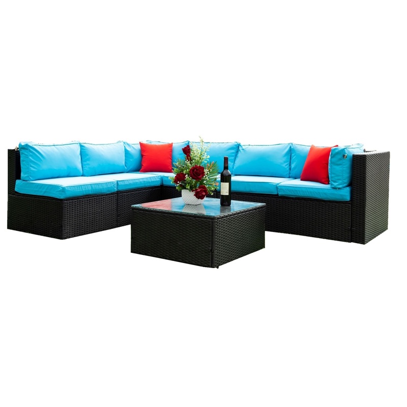 5 Pieces Rattan Sectional Outdoor Furniture Cushioned U Sof Set With 2 Pillow – Black / Blue