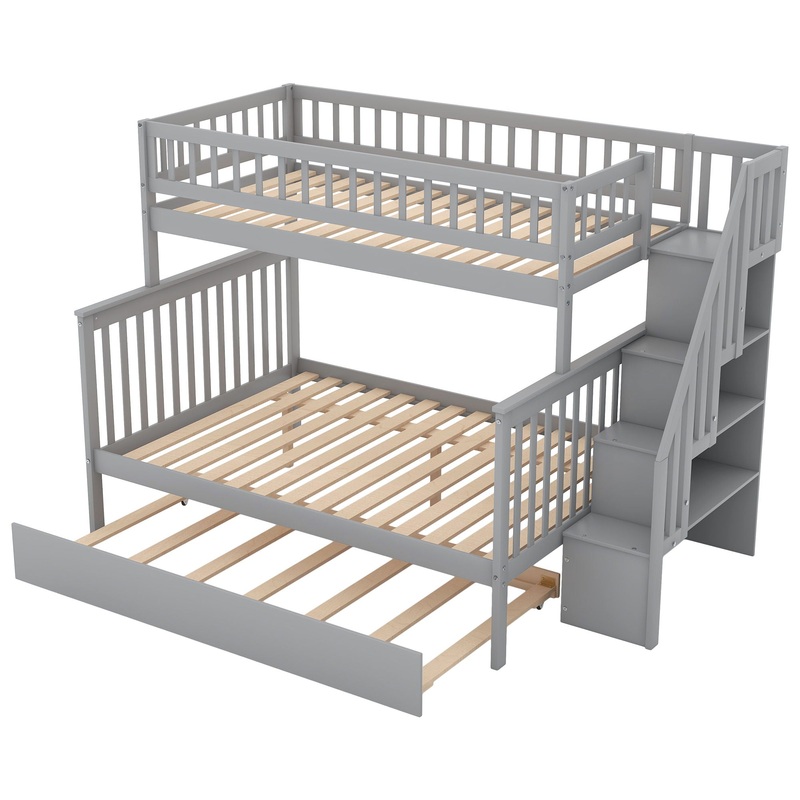Bunk Bed With Staircase|Dark Gray|White|Twin over Full|Twin over Twin|Trundle|None