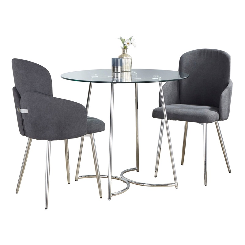Cece Dahlia – 3 Piece Contemporary Dining Set – Chrome / Clear / Gray