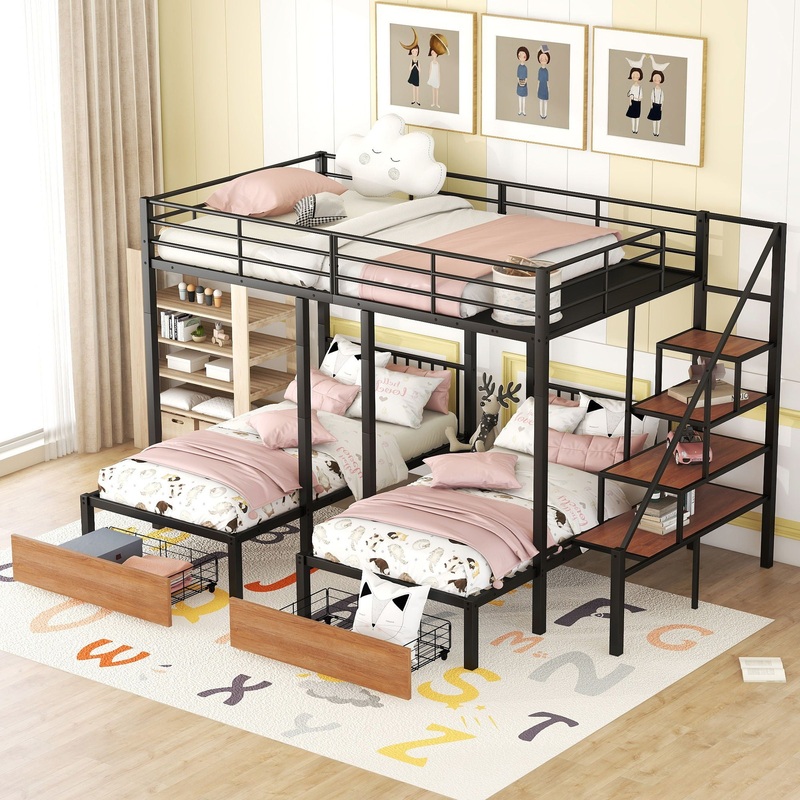 Full Over Twin-Twin Triple Bunk Bed With Drawers And Staircase – Black