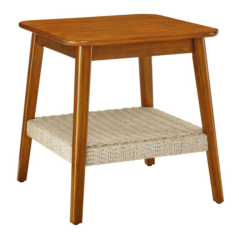 Mid – Century Square Side Table With Woven Shelf – Walnut