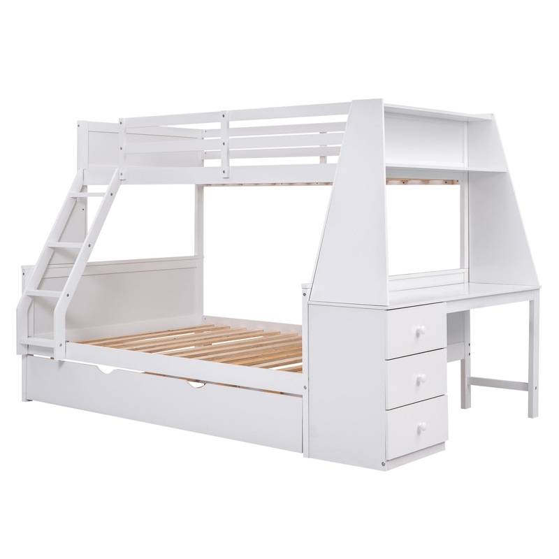 Twin Over Full Bunk Bed With Trundle And Built-In Desk, Three Storage Drawers And Shelf – White