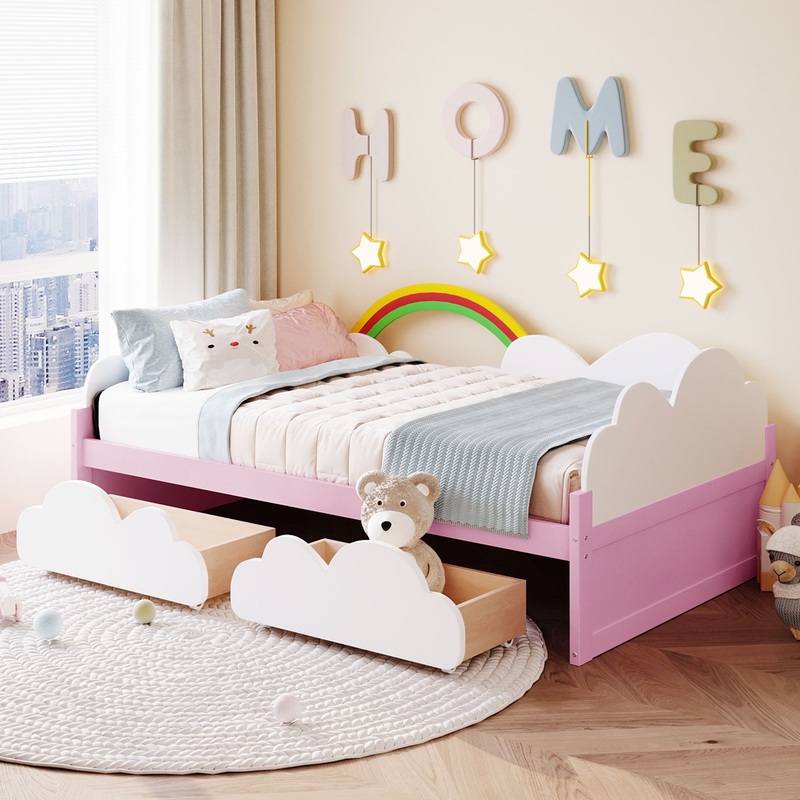 Twin Size Bed With Clouds And Rainbow Decor – Pink / White