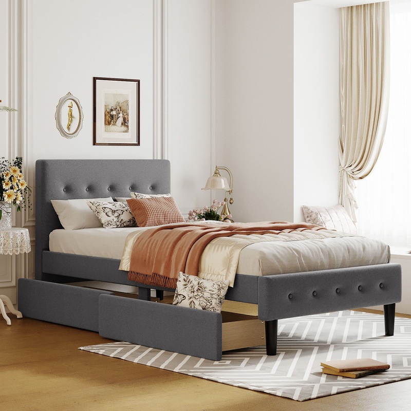 Twin Size Upholstered Platform Bed With 2 Drawers – Gray