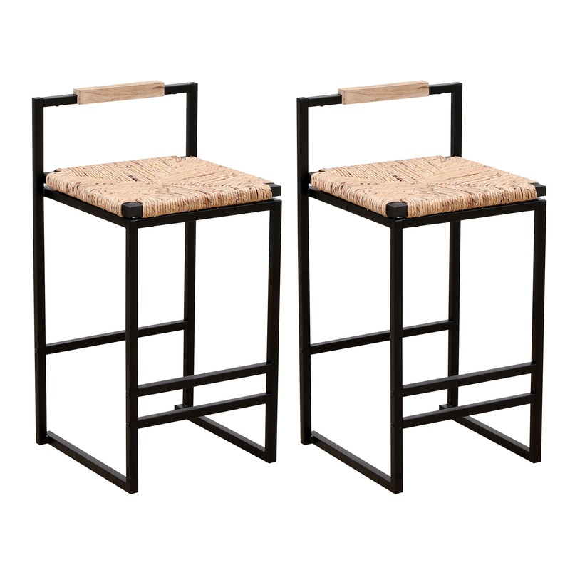 Water Hyacinth Woven Bar Stools With Back Support, Counter Height Dining Chairs (Set of 2) – Natural