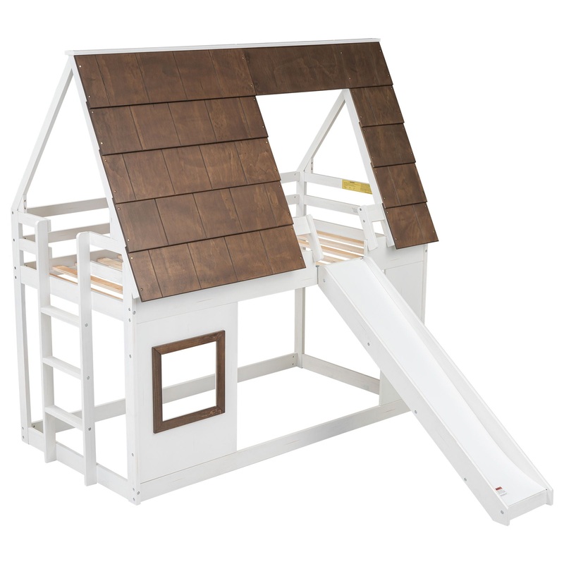 Wood Twin Size House Bunk Bed With Roof, Ladder And Slide – White / Brown