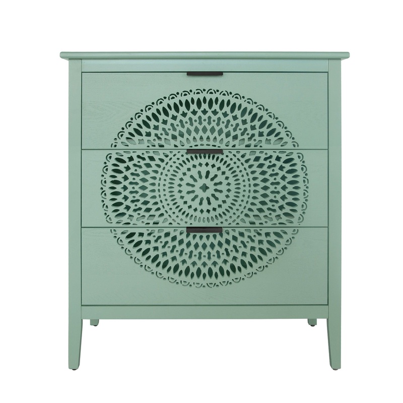 3 Drawer Storage Cabinet With Hollow Carved Design And Metal Handles, Chest For Entryway, Living Room Or Bedroom – Light Green