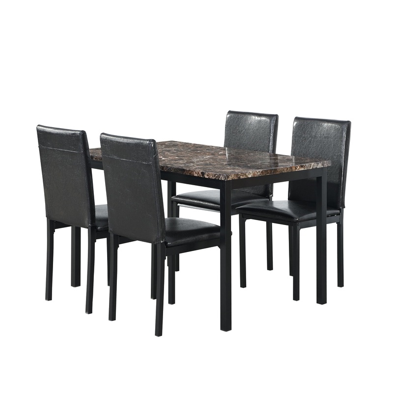 5 Piece Dinning Set With Faux Marble Top, Table & 4 Chairs – Black