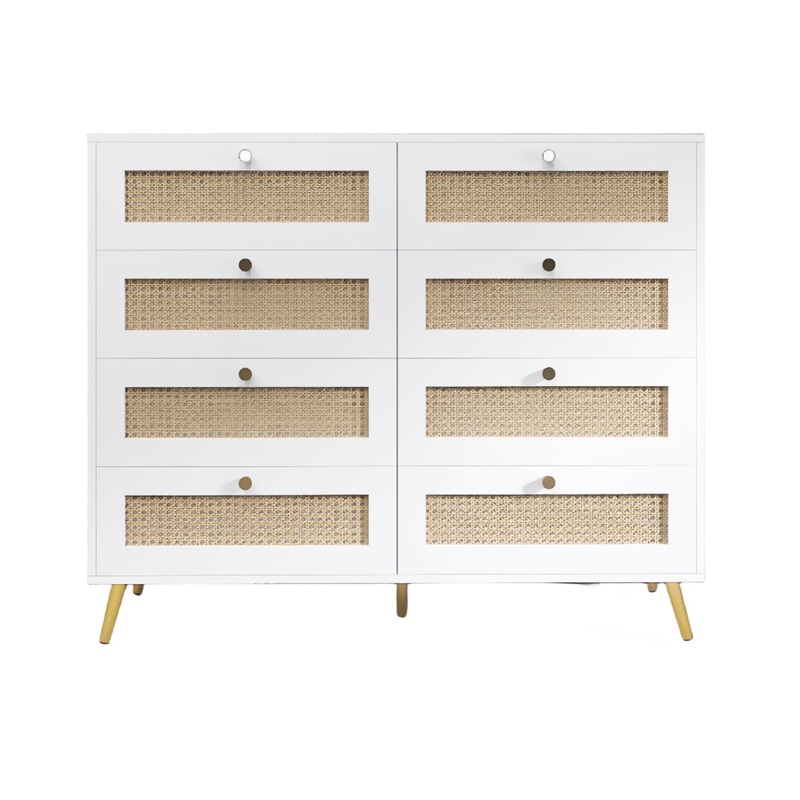 8 Drawers Chest Of Drawers With Rattan Drawer Face Golden Legs And Handles – White