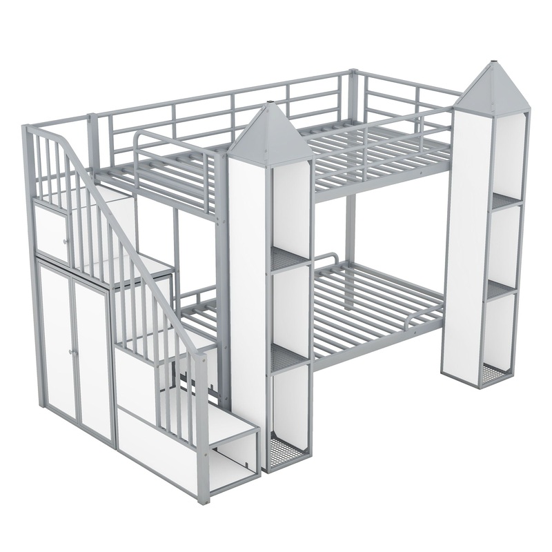 Metal Twin Over Twin Castle-Shaped Bunk Bed With Wardrobe And Multiple Storage – Gray / White