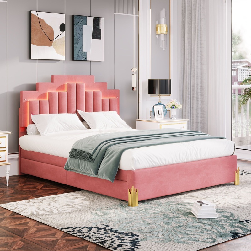 Queen Size Upholstered Platform Bed With LED Lights And 4 Drawers, Stylish Irregular Metal Bed Legs Design – Pink