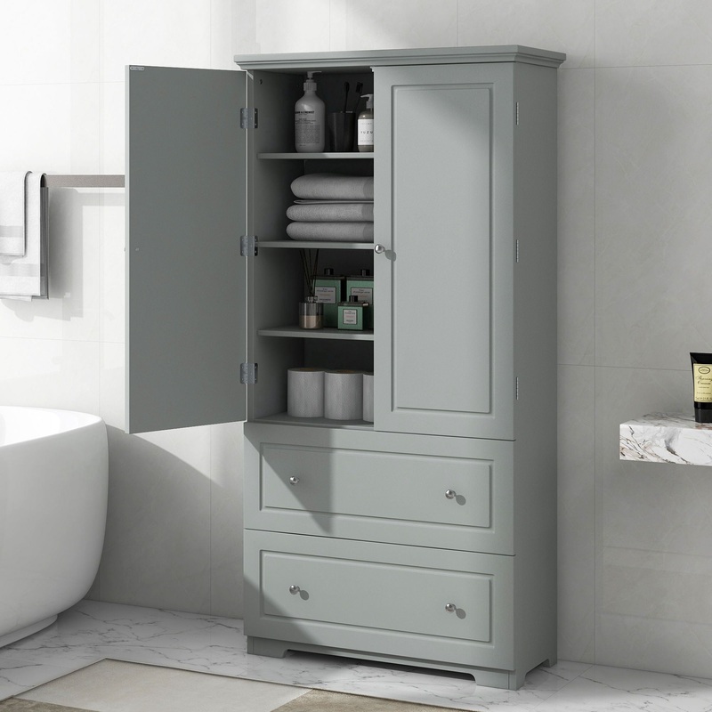 Wide Bathroom Storage Cabinet, Freestanding Storage Cabinet With Two Drawers And Adjustable Shelf, MDF Board With Painted Finish – Gray