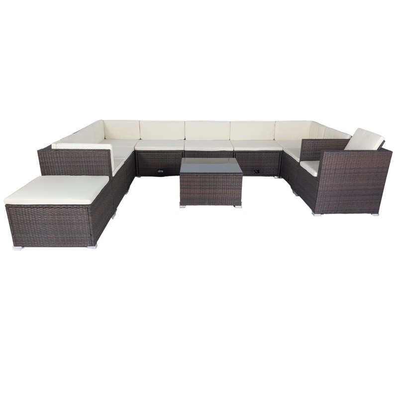 11 Piece Patio Wicker Conversation Set, 10 Seater Patio Sectional Set With 3 Storage Box Under Seat – Brown / White