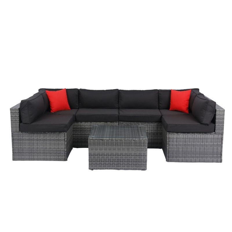 5 Pieces Rattan Sectional Outdoor Furniture Cushioned U Sof Set With 2 Pillow – Gray / Black