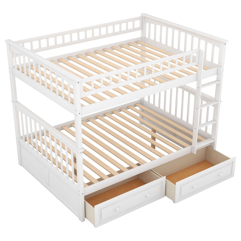 Full Over Full Bunk Bed With Drawers, Convertible Beds – White