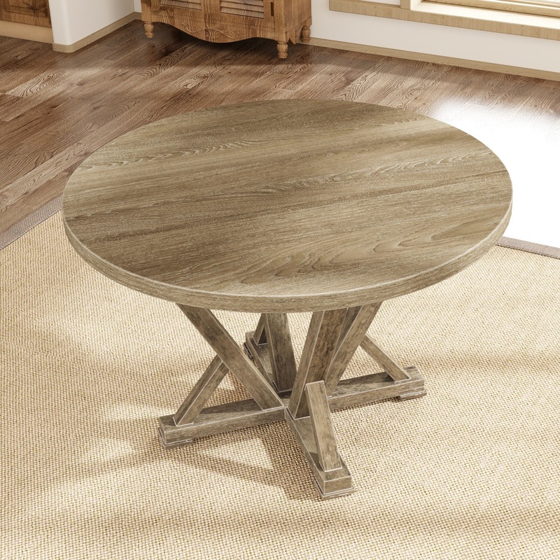 Modern Farmhouse Round Dining Table Solid Wood Rubberwood Antique Finishing Rustic Look Distressed Look Wire Brushed For 4 Seaters – Grayish Brown