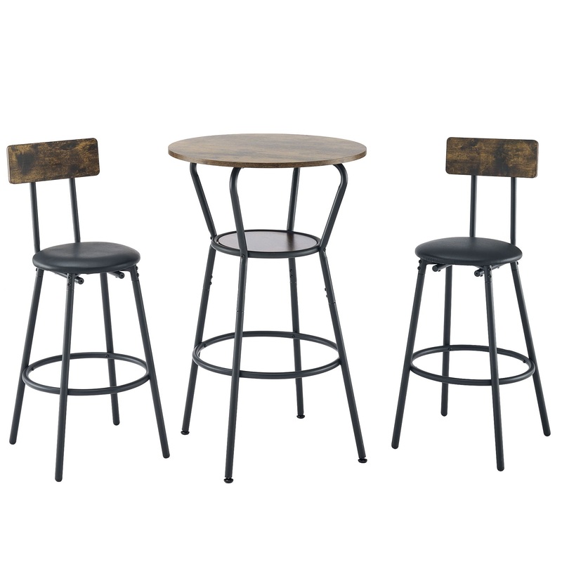 Rustic Brown Round Bar Table And Stool Set With Shelf, Upholstered Stool With Backrest – Antique Brown