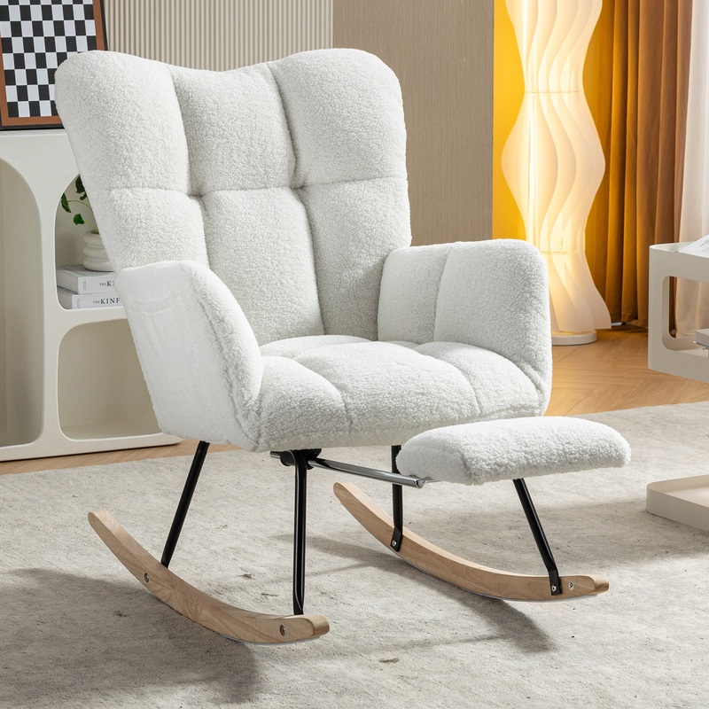 Teddy Fabric Rocking Chair With Adjustable Footrest – Ivory