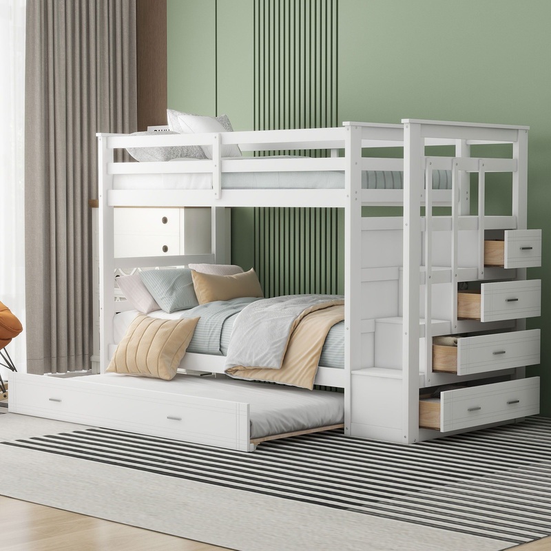 Twin Over Twin Bunk Bed With Trundle And Staircase – White