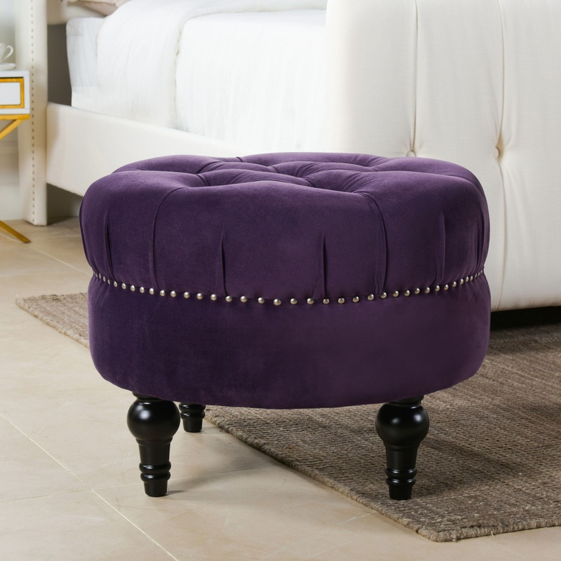 Dawn – Tufted Round Ottoman Nailhead Accents – Purple