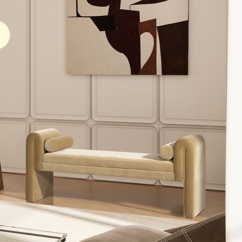 Mason – Arched Arm Bench With Bolster Pillows – Camel Brown Beige