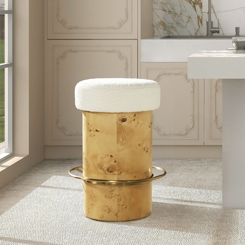 Nebula – Backless Round Upholstered Counter Stool With Burl – Ivory White