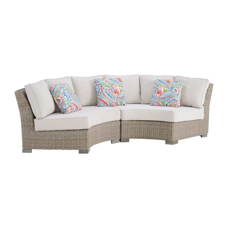 Ollie – Curved Loveseat With 3 Multi Color Pillows – Tan And Olefin White Cream
