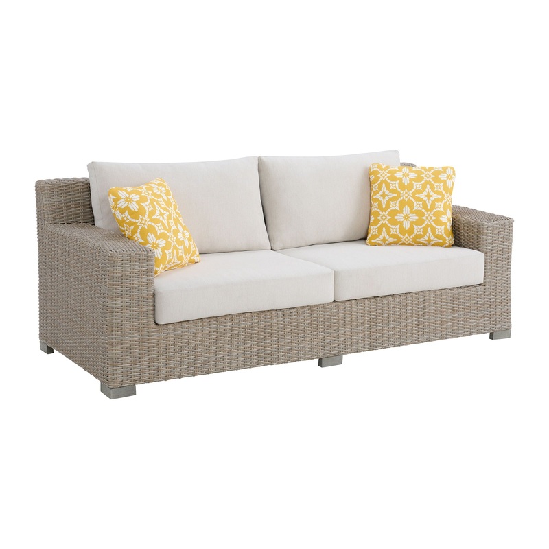 Ollie – Sofa With 2 Yellow Pillows – Tan And Olefin White Cream