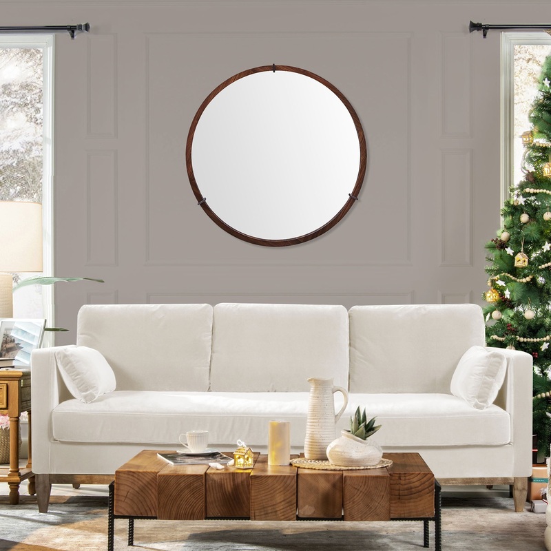 Hausen – Mid-Century Modern Round Accent Wall Mirror – Brown Walnut