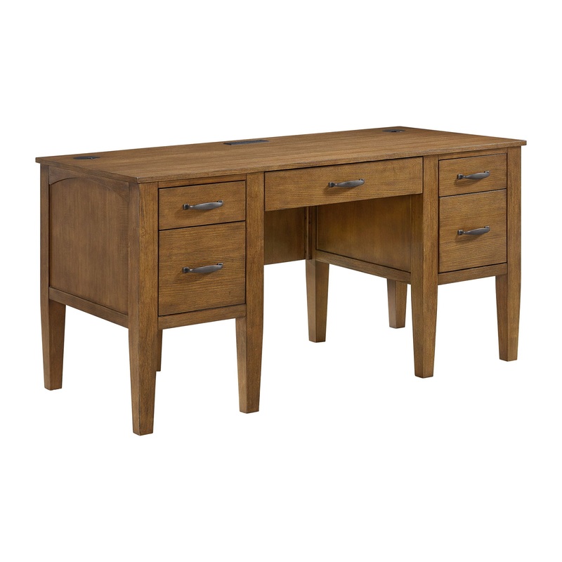 Portico – Half Pedestal Desk With Power / USB – Brown Oak