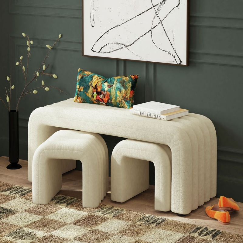 Seqouia – Bench With 2 Stools – Cream