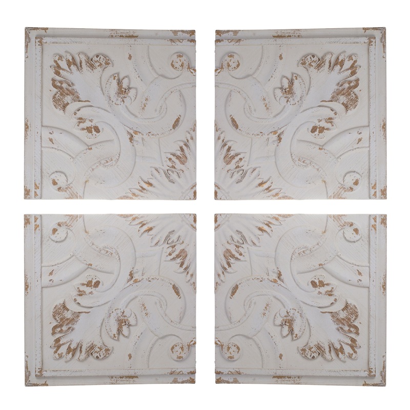 Distressed Wooden Square Wall Panels (Set of 4) – White