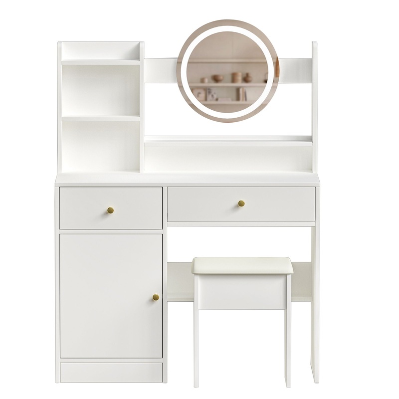 Fashion Vanity Desk With Mirror And Lights For Makeup And Cushioned Chair – White