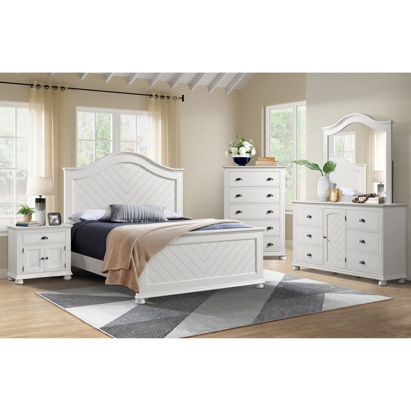 Kona – Panel Bedroom Set|White|3 Pc. Bed, Chest, Nightstand|5 Pc. Bed, Dresser, Mirror, Chest, Nightstand|Full|King|Queen|Twin
